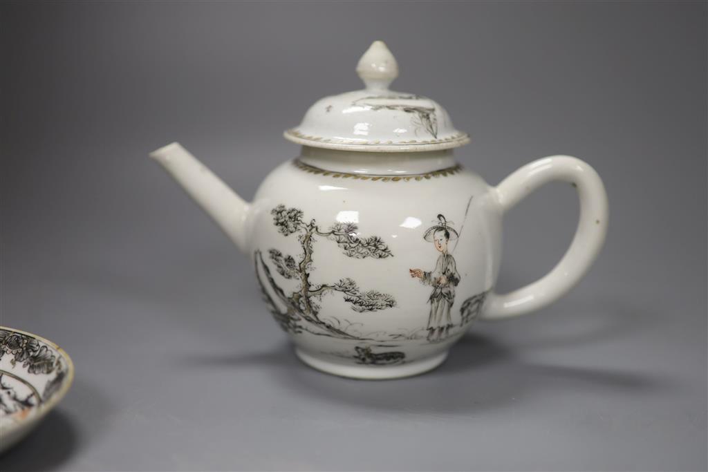 A Chinese grisaille teapot, 14cm high tea caddy and cover and a coffee cup and saucer, Qianlong period
